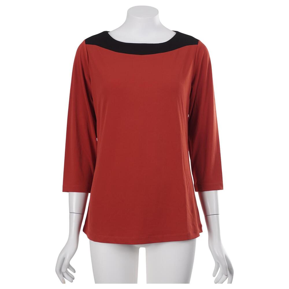 Susan Graver Top XS Burnt Orange Black Boat Neck 3/4 Sleeve Knit Stretch Blouse